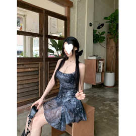 荡领网纱吊带连衣裙女夏季高冷御姐风性感露背包臀裙挂脖抹胸裙子