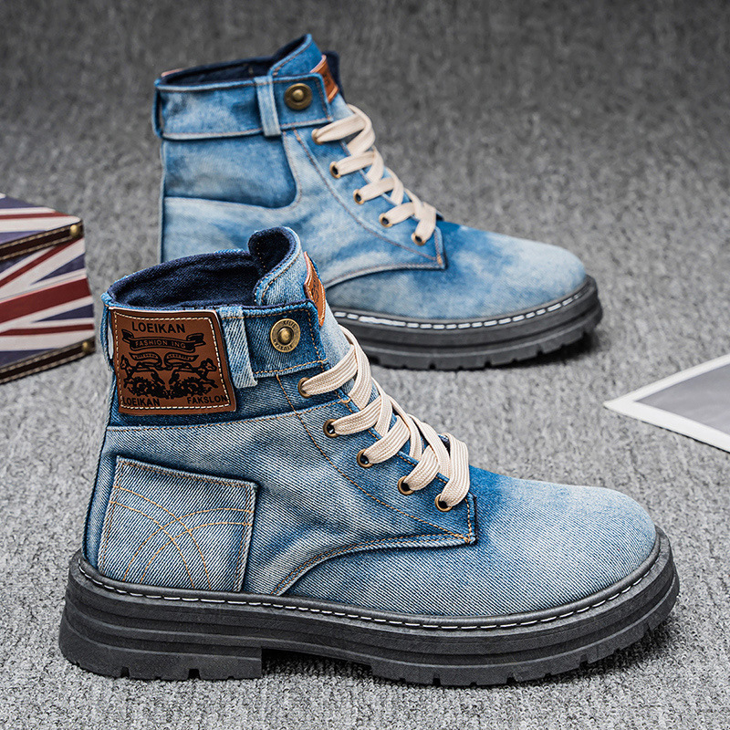 Cross-border Explosions plus size 48 Men's Shoes 2025 New Mid-top Shoes Denim Casual All-match Workwear Shoes Martins Boots