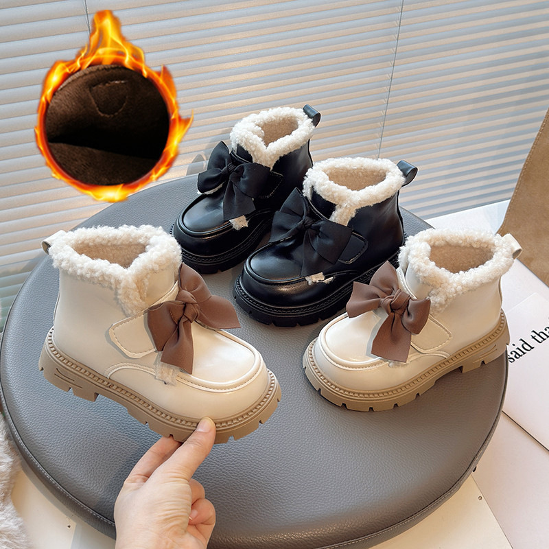 Girls' Leather Shoes Winter 2025 Trendy Brand New Kidsren's Cotton Bean Shoes Little Girl Princess Fleece-Lined Cotton Shoes Soft Sole
