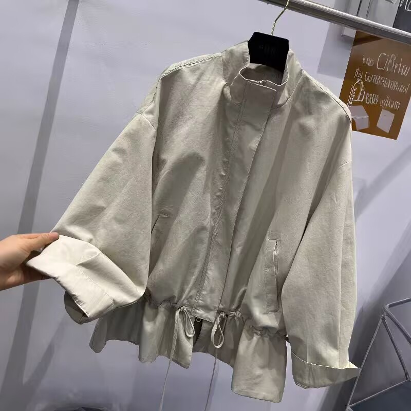 ng2510292 European Style 2026 Spring New Stand Collar Zipper Drawstring Fashionable Loose Casual Mid-Length Trench Coat Women's_ecoleips.com