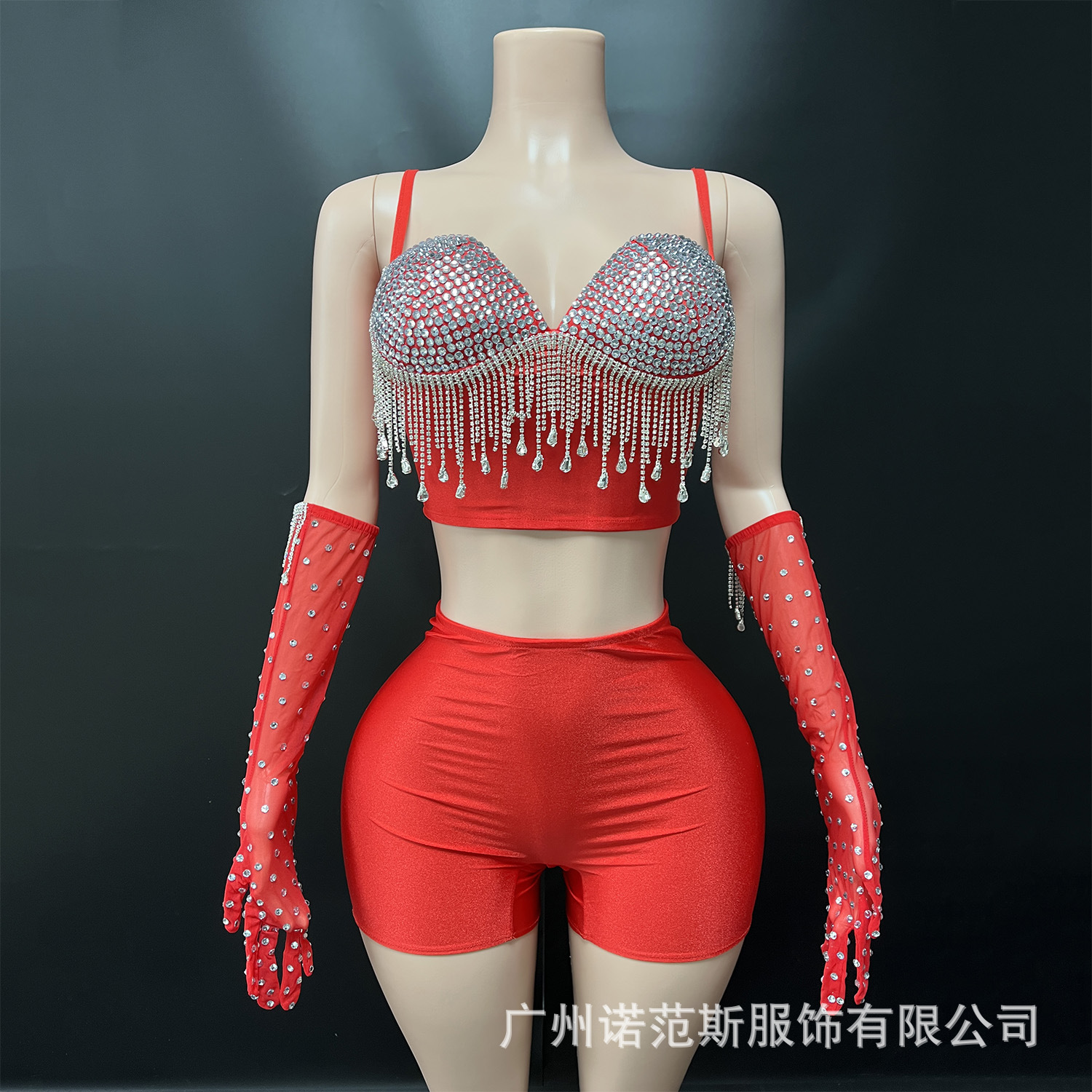 Factory Direct Sales Sling Rhinestone Tassel Mesh Gloves Three-Piece Set of Jiu-Jitsu Acrobatics Circus Pole Dance Performance Clothing