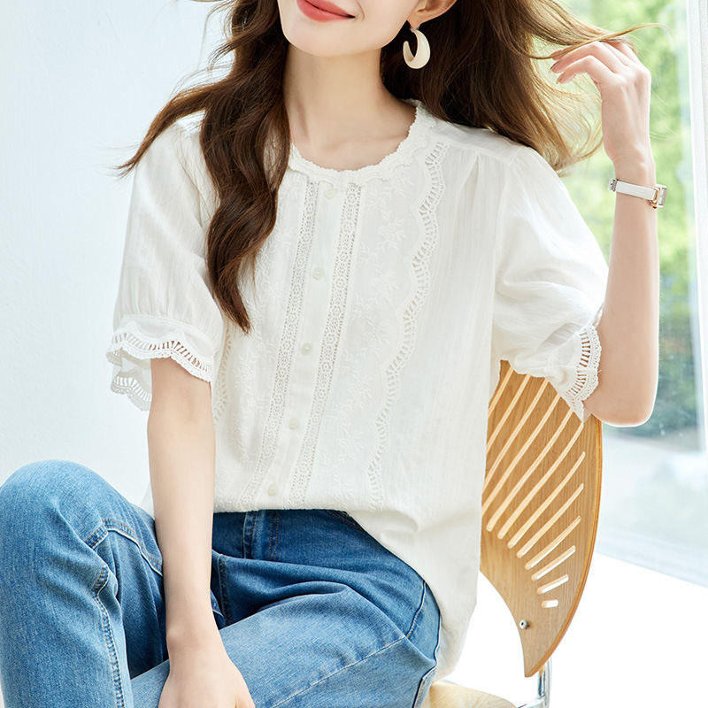Factory Direct Sale Lace Round Neck Short-Sleeved Shirt for Commuting, Korean Style Loose Slimming Cotton Summer Top for Women