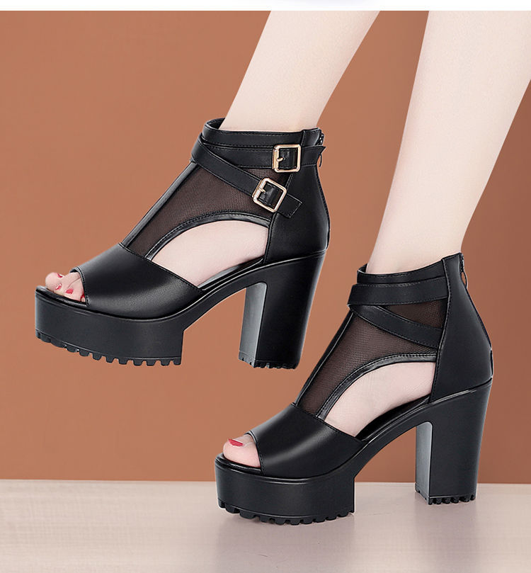 Sandal nữ da thật lưới rỗng mũi nhọn gót cao đế dày kiểu La Mã — Màu đen chi tiết 9