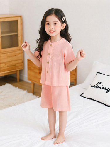 Children's Summer Double-layer Cotton Fabric Pajama Set for Boys and Girls, Small Babies 0-5 Years Old, Short-sleeve Home 2-piece Set