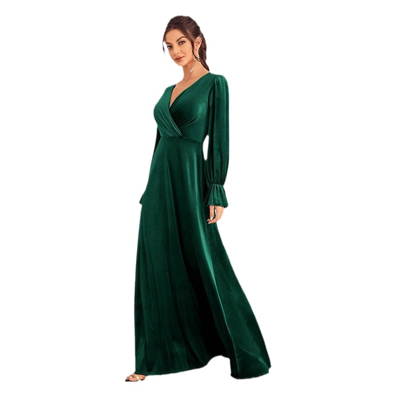 Vestido de Noche para Comercio Exterior de Amazon, Nuevo Vestido de Primavera con Cintura Ajustada, Vestido de Banquete de Gasa con Cuello en V, Manga Larga, de una Pieza, Dropshipping