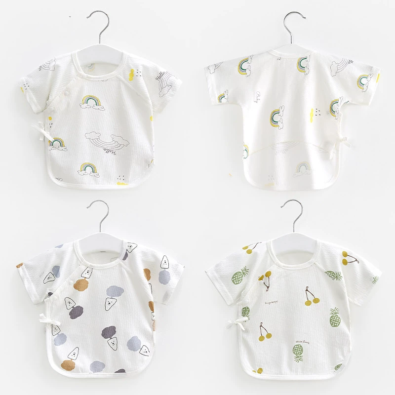 Летняя одежда для новорожденных, тонкий фасон для 0-3 месяцев, хлопковый летний комплект с открытой спиной, топ с коротким рукавом в стиле монк для малышей.