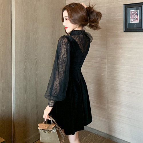 Black Chinese Dress Oriental Qipao for women Lace mesh stitching velvet improved cheongsam little black dress