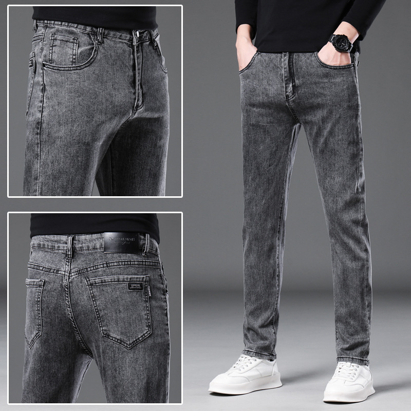 2023 Otoño e Invierno Nuevos pantalones vaqueros grises ahumados de algodón para hombres Pantalones rectos delgados de los hombres pantalones casuales de los hombres a juego