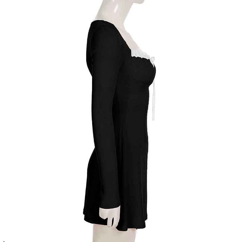 Sexy Girlish Lace Stitching Pleated Tie V neck Long Sleeve Dress Slimming Cinched Short Dress