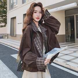 巨好看韩系慵懒松弛感格子拼接短外套女秋季2025新款工装休闲夹克