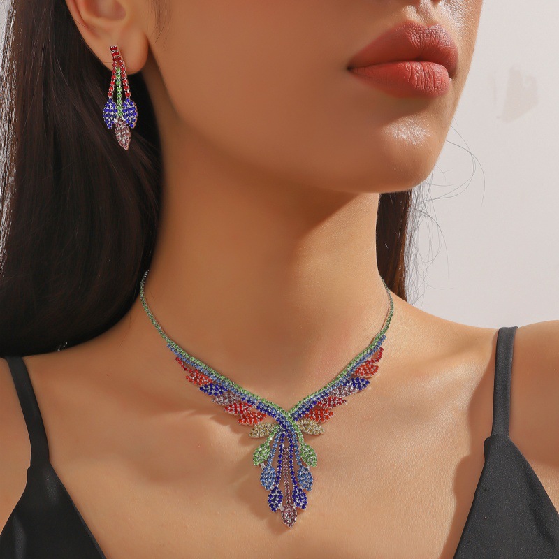 bride three piece necklace earrings grab chain mixed color rhinestone jewelry banquet jewelry set_voghion.com