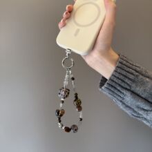 原创复古豹纹方块爱心圆珠手机壳链条配饰ccd相机挂绳防丢手提绳