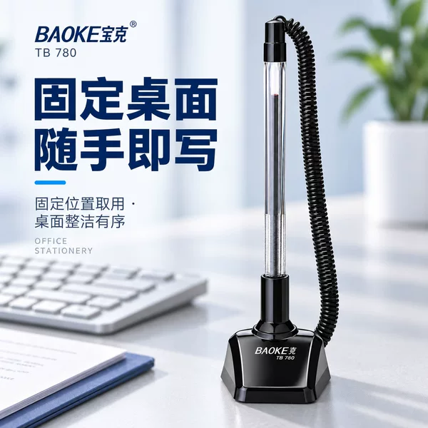 Baoke TB780 desktop pen holder with lanyard, designed to prevent loss, suitable for reception desks, bank counters, and offices; a neutral-colored pen
