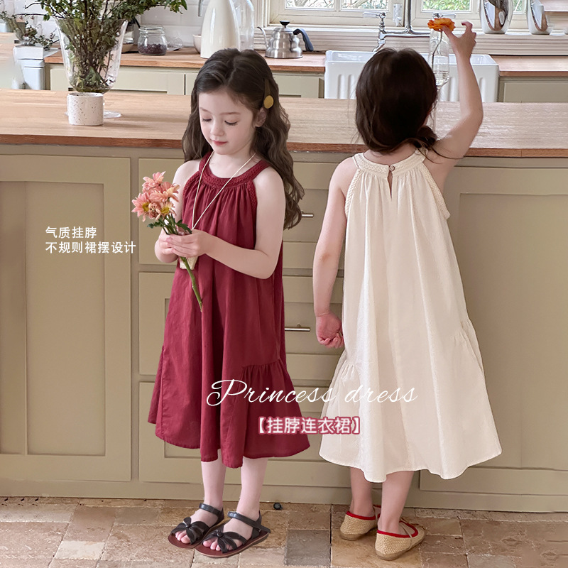 Aimo Beibei Summer Children's Mid-Length Princess Dress with Large Skirt and Elegant Halter Neck Design for Girls