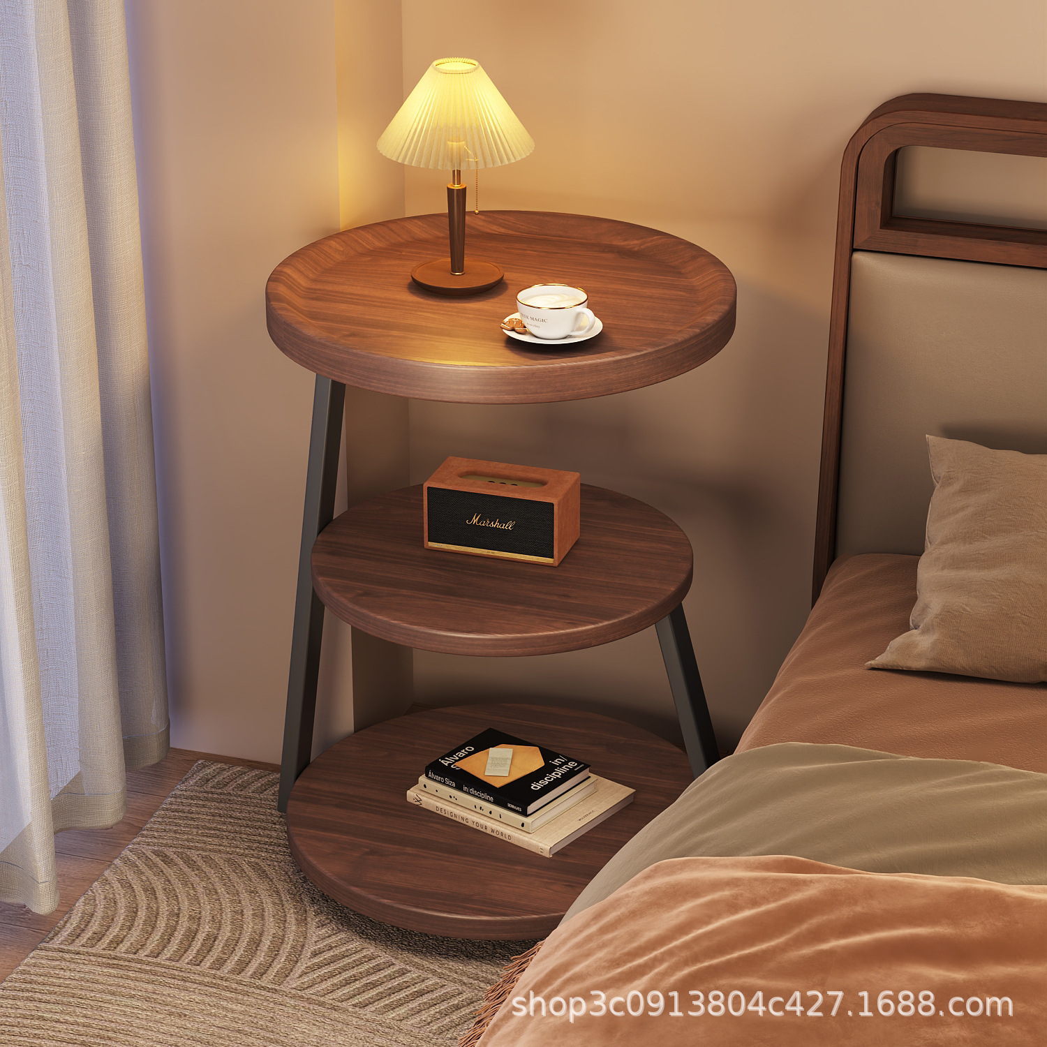 Medieval Style Bedside Table Bedroom Home Small Apartment Bedside Table Multi-Layer Round Bedside Storage Rack Niche Design