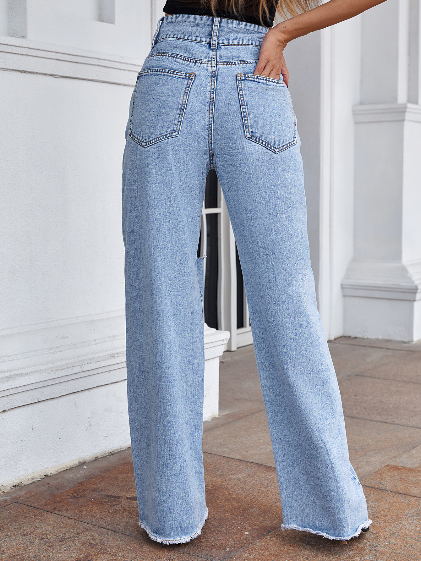 wide leg hole loose high waist denim trousers NSJM131706