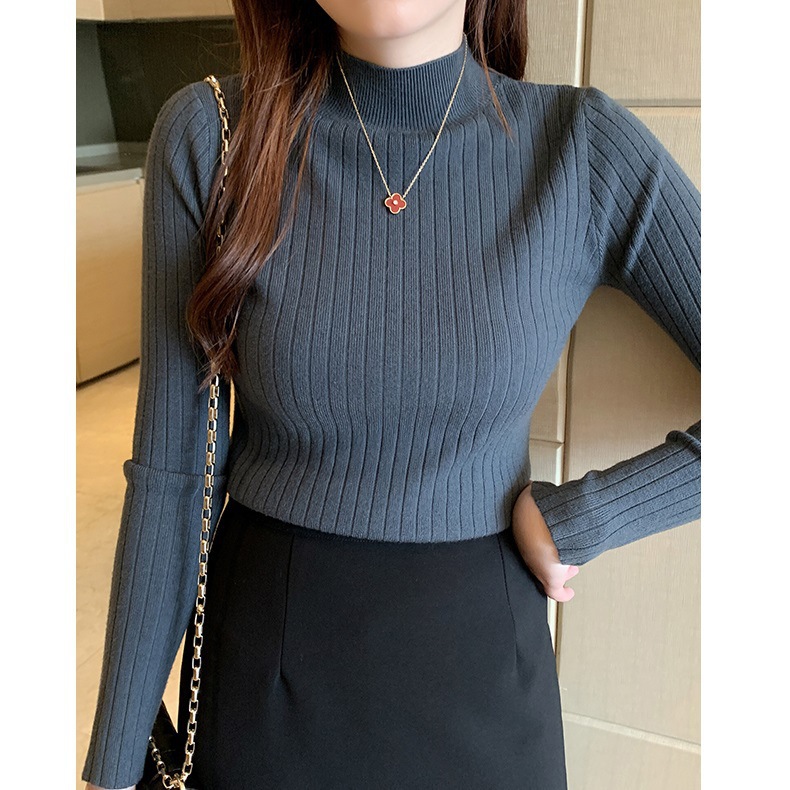 女性用ハーフタートルネックボトリングシャツ、薄手2025春秋新スタイルショートセーター長袖セータートップ