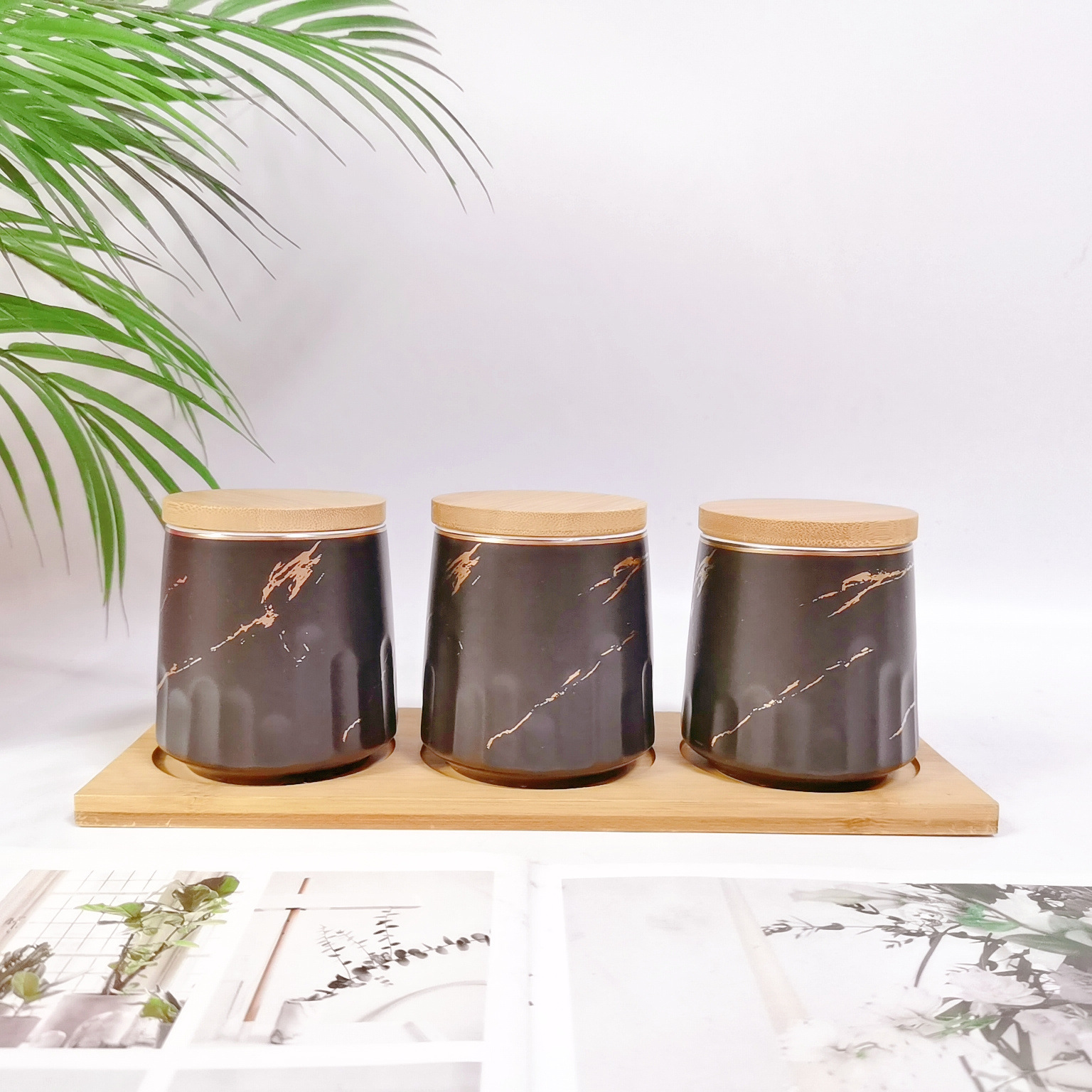 Tarro sellado de cerámica frasco de almacenamiento de exportación transfronteriza tapa de madera Tarro de almacenamiento de té condimento de cocina tarro de café tarro traje