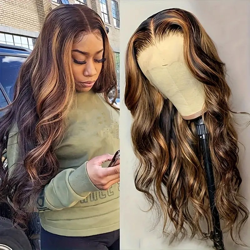 Spitzenbesetzte Perücken im europäischen und amerikanischen Stil mit Highlights, gewellten Locken, synthetische Haarverlängerungen_voghion.com