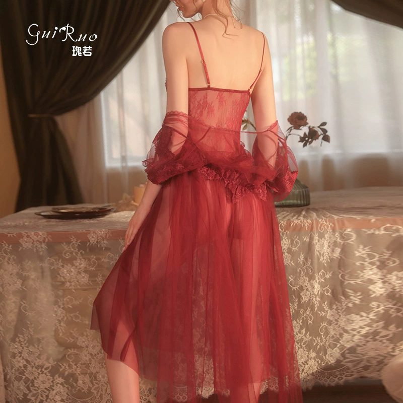 Демисезонный длинный набор пижамы (GuiRuo) — кружевное тюлевое roupa и юбка с подтяжками, легкий