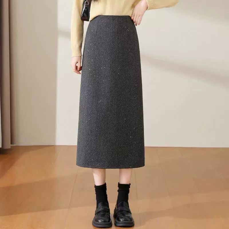 Black nail sequins, demi-season woolen skirt, new collection, hip-accented, A-line, loose straight fit