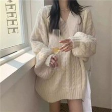 慵懒风复古加厚V领宽松灰色麻花毛衣女学生秋冬韩版百搭针织衫潮