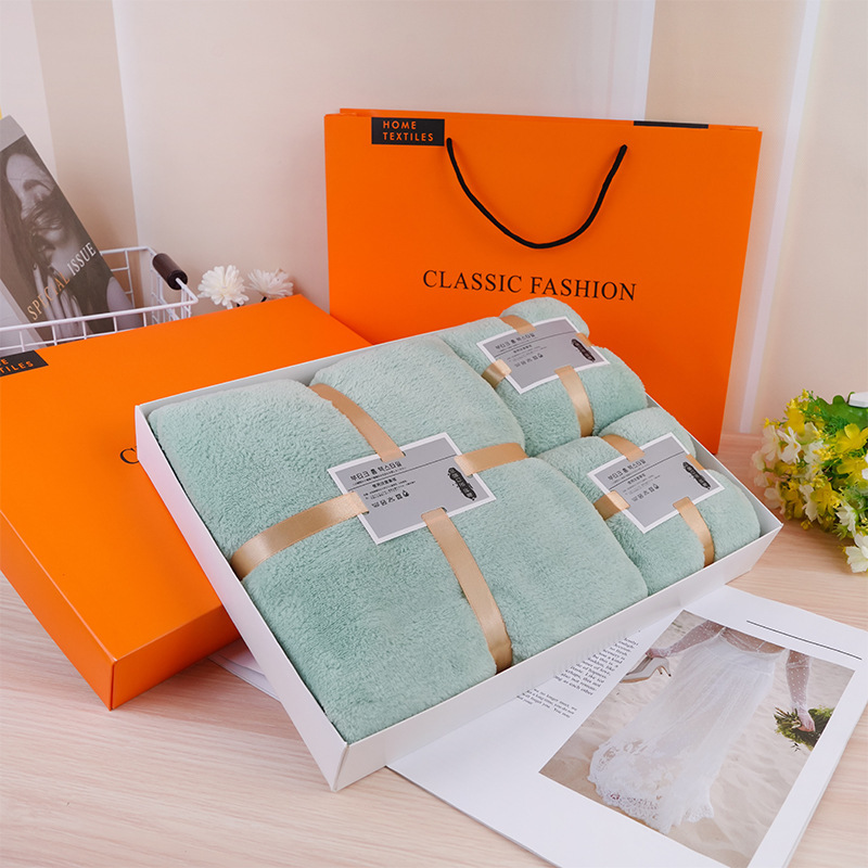 Orange Towel Gift Box, Coral Velvet Bath Towel Set, Wedding Souvenir, Company Business Gift Set, Exquisite Gift Box