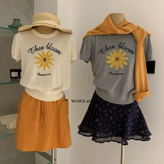 WGWE韩版设计感小雏菊刺绣针织衫女2026夏季休闲百搭短袖T恤上衣