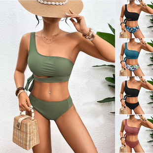 2024 European and American cross-border Amazon foreign trade new women's split swimsuit one-shoulder strap sexy tube top bikini