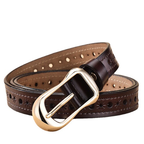 Factory direct supply of women's genuine leather hollow belt, women's versatile cowhide belt, no punching belt, thin belt