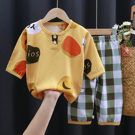 Children's clothing, summer children's cotton silk pajamas, pajamas, cotton silk suits, baby home service, cropped pants, air-conditioned clothing, one dropshipping