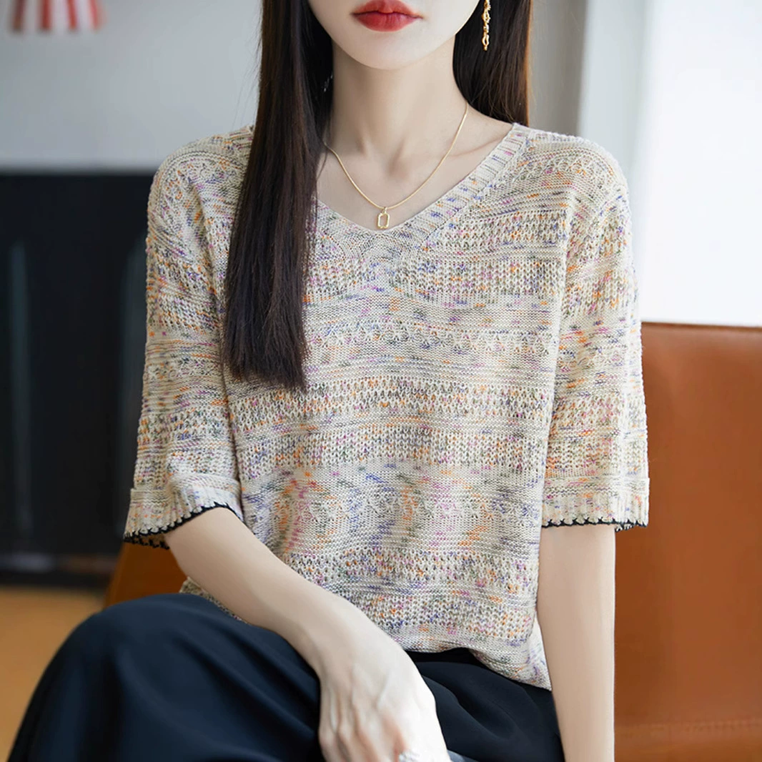 Летний наряд TikTok для больших размеров, очень большой вязаный топ из ледяного шелка, женская футболка с короткими рукавами, утягивающий топ с v-образным вырезом, скрывающий живот