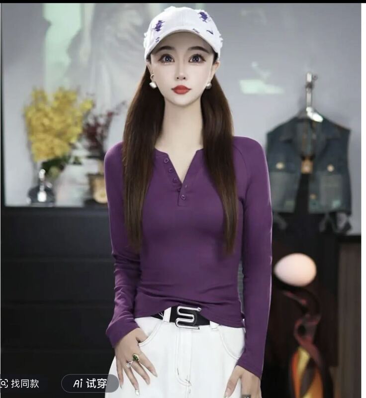 2025早秋小众设计V领纽扣打底衫女修身长袖辣妹显瘦正肩开衫上衣|undefined