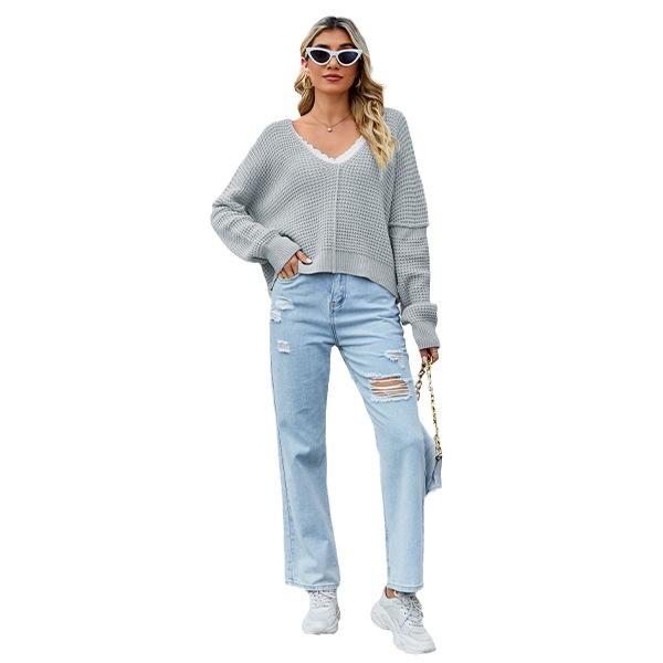 Pull sexy à col en v pour femmes, couleur unie, épaules dénudées, pull sexy_voghion.com