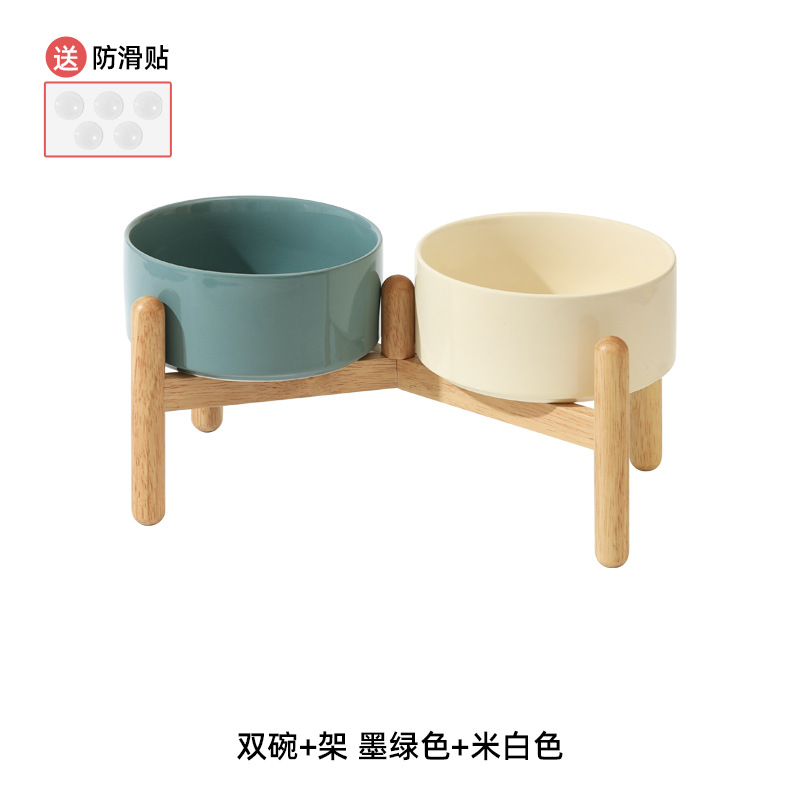 Cuenco de cerámica del perro cuenco doble cuenco de soporte cervical mediano y grande tamaño pequeño cuenco de comida para perros cuenco de agua de madera traje de estante cuenco de perro