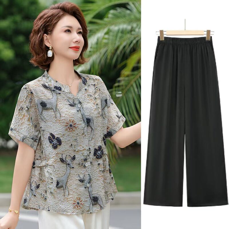 ママの夏のおしゃれトップス、中年半袖シャツ、婦人服、中高年女性の新作夏Tシャツ、洋風スーツ|undefined