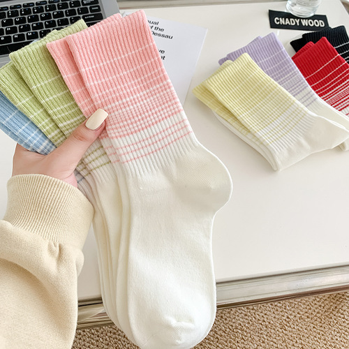Zhuji Socks Autumn Dopamine Striped Knee-High Socks, Wearable Trendy Pure Cotton Spring and Autumn Colored Women's Pink Knee-High Socks