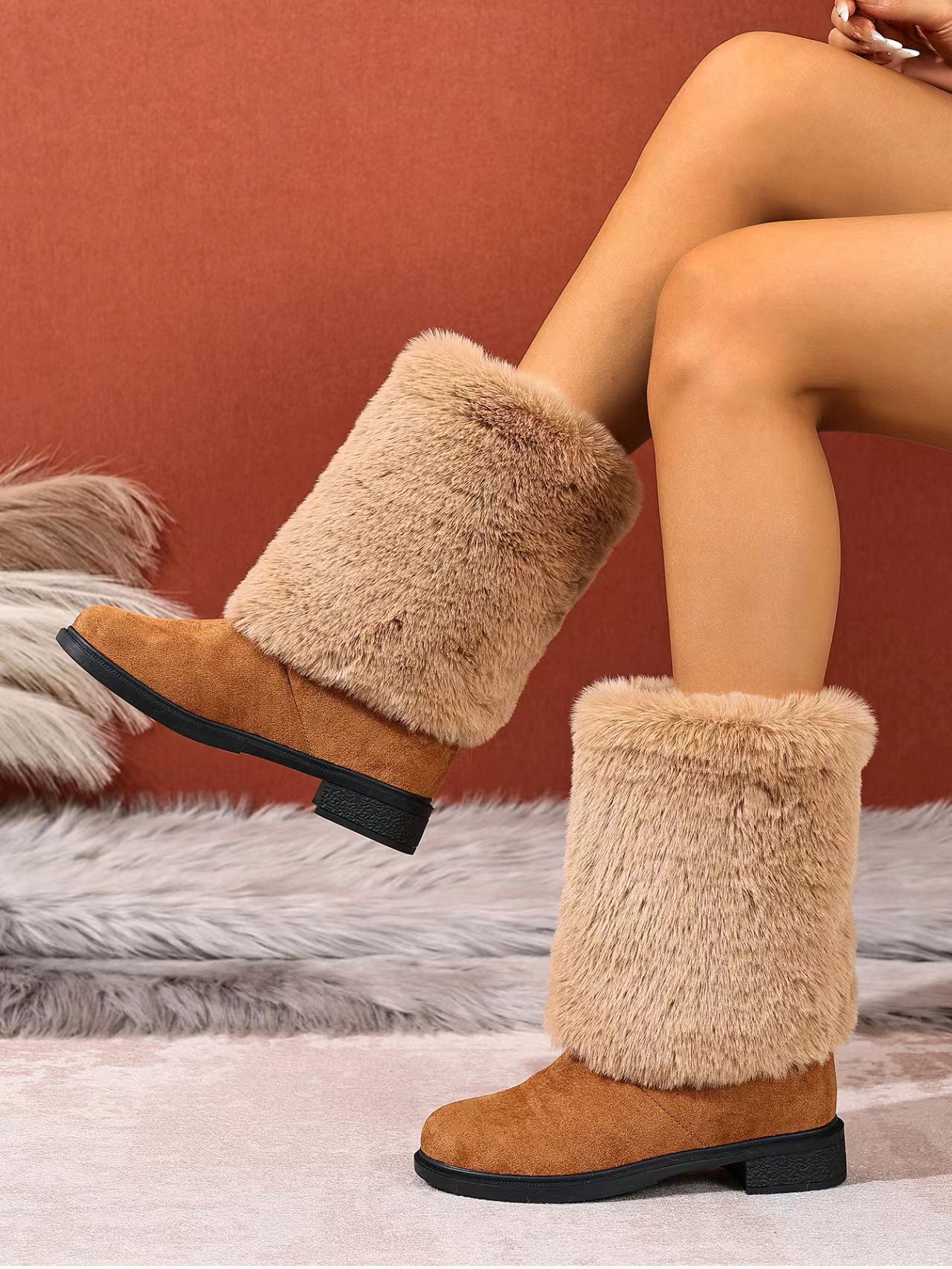 Botas de neve para mulher em camurça forradas com lã quente_voghion.com