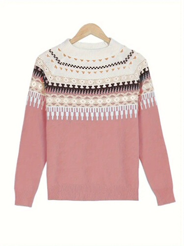 Women's Geometric Pattern Crew Neck Pullover Smooth