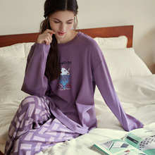 定制女士秋冬针织纯棉长袖睡衣印花休闲可外穿简约套头家居服