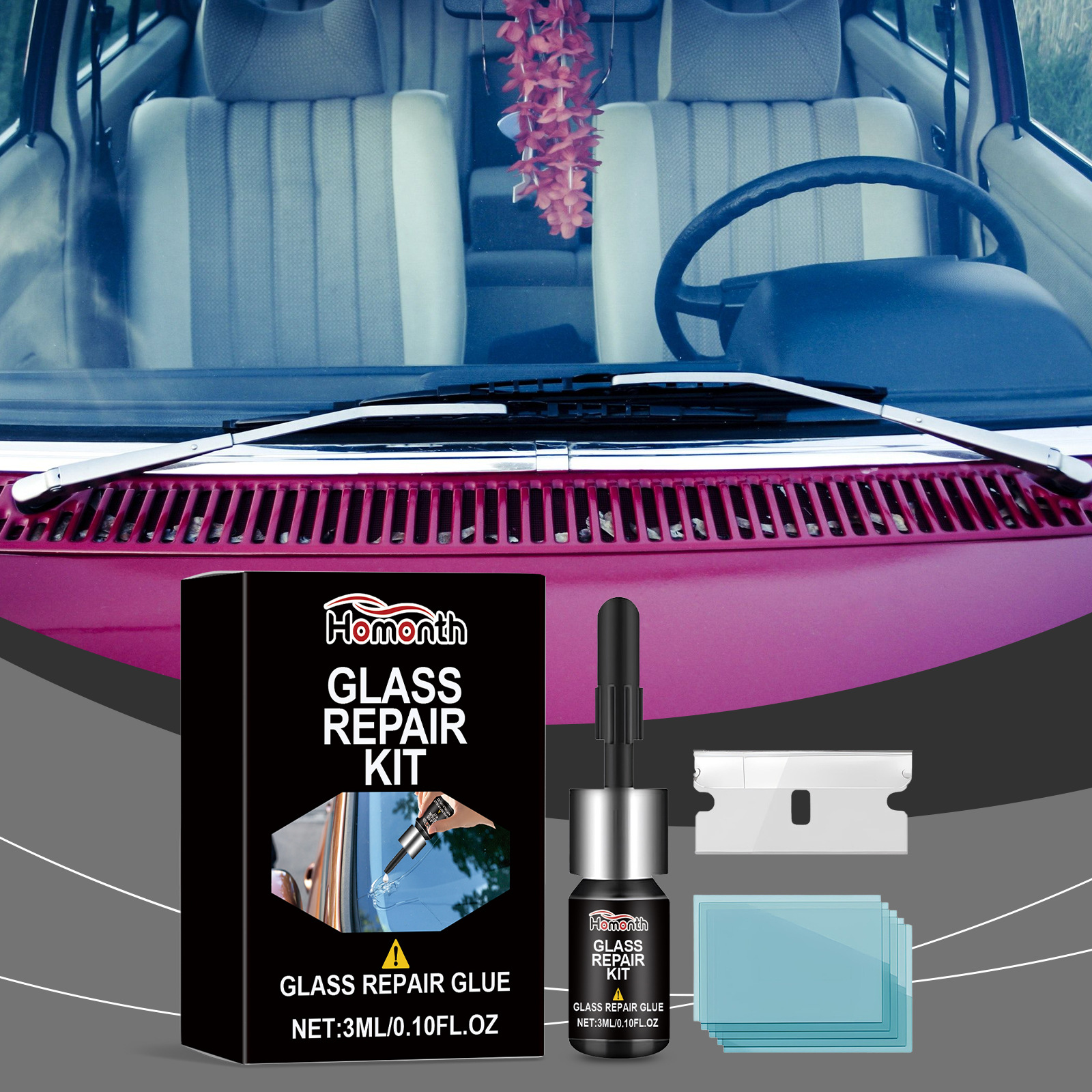 Homonth Glass Repair Kit Car Windshield Crack Scratch Clear Vision Portable Adhesive