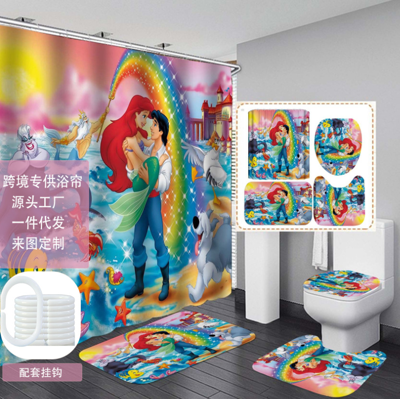 Cortina de ducha rosa con estampado de princesa sirena, juego de cuatro piezas, impermeable y antimoho, suministro directo de fábrica digital.