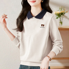 外贸剪标品牌出口纯棉长袖时尚POLO领卫衣女秋装遮肉显瘦拼色上衣