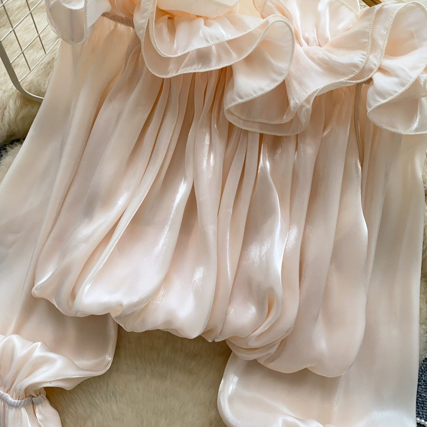 Sweet Off-Shoulder Chiffon Blouse Ruffled Trim Korean Style Long Sleeves Loose Fit Slimming Pink Elegant Top for Summer Women's Clothing_ecoleips.com