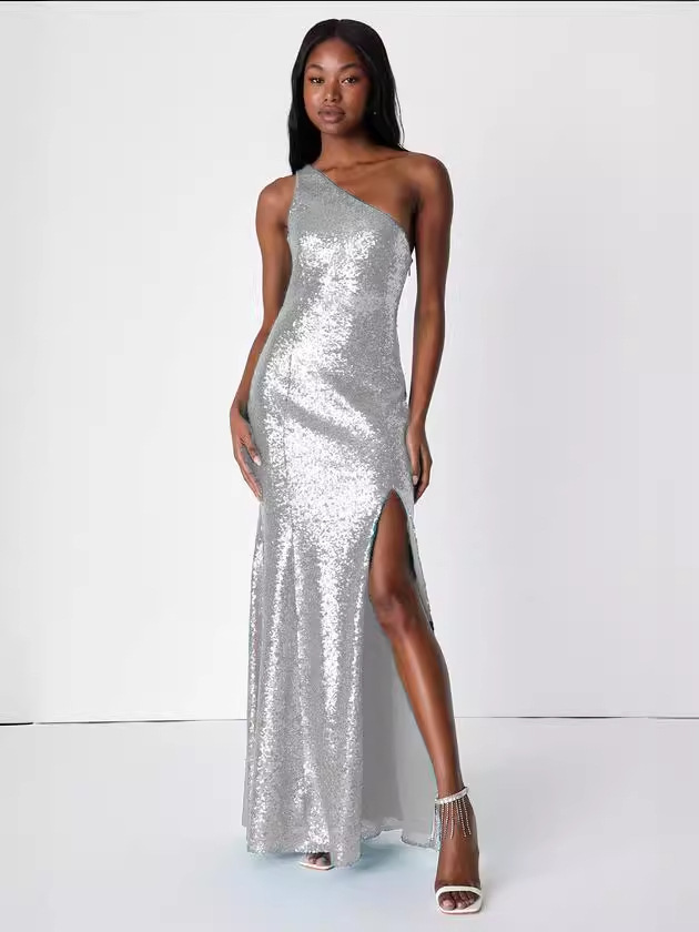 Vestido de vestido sexy con lentejuelas de un solo hombro de la fiesta de Amazon de las nuevas mujeres europeas y americanas transfronterizas (2 colores)