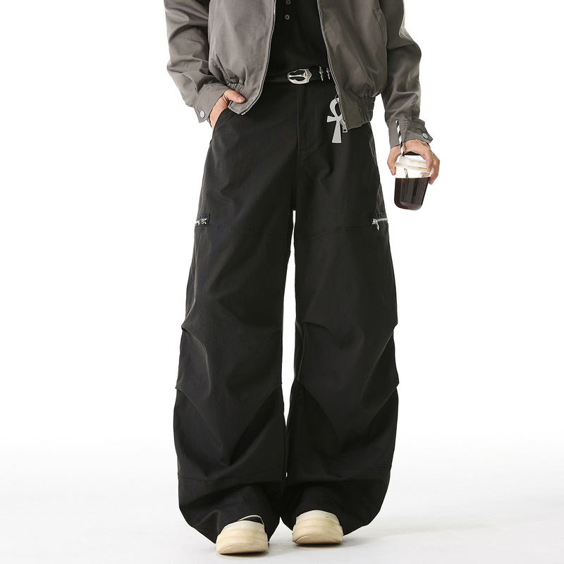 Vintage Pleated Split Zipper Scimitar Casual Pants Autumn Style Paratrooper Pants Trendy Loose Straight-Leg Cargo Pants Q