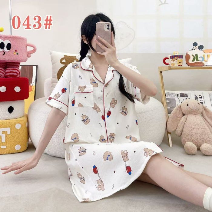Pijama de verano de manga corta cardigan con solapa impresión de dibujos animados nubes de algodón dulce suelto medio largo vestido transfronterizo