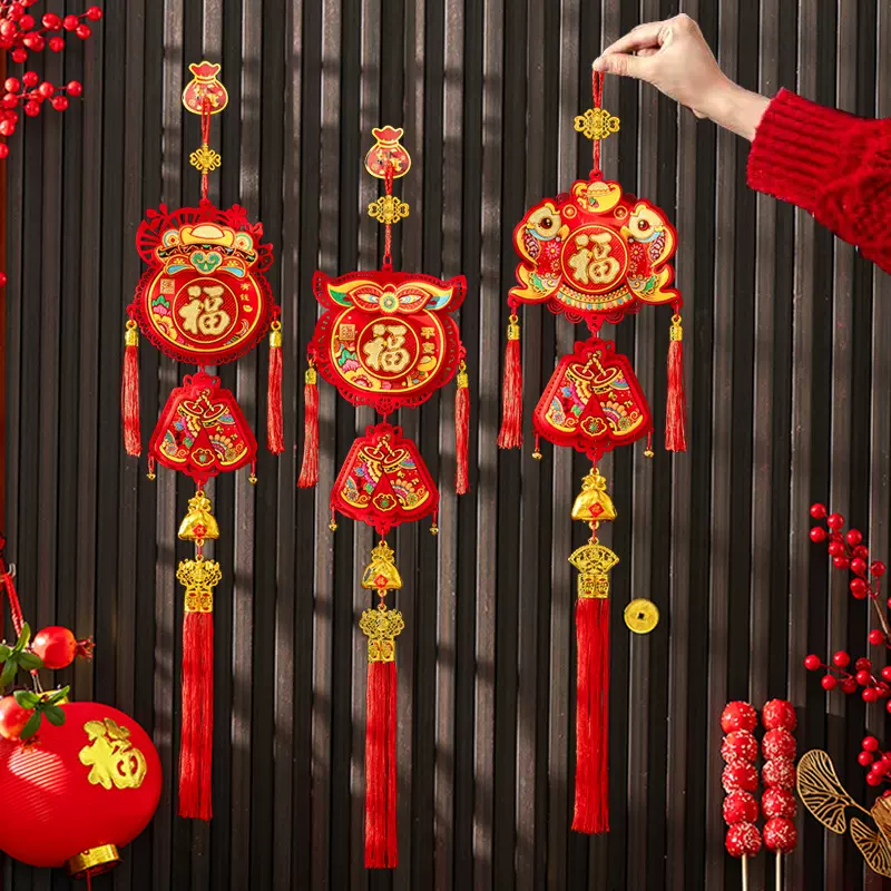 新款挂饰烫金印花福字挂件福袋鞭炮挂串春节客厅电视背景墙装饰品