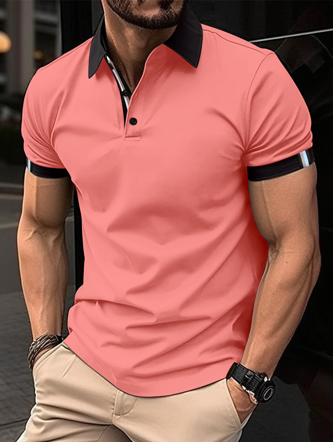2024 Frühlingsknopfhemd Einfarbiges kurzärmliges T-Shirt mit Polokragen Lässige Passform Oberteil Herrenbekleidung_voghion.com