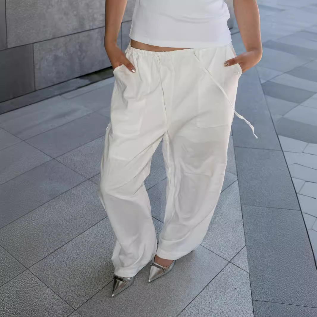 Japanese Luxury White Relaxation Natural Linen Thin Beef Tendon Wide Leg Drawstring Casual Straight Pants Women's Linen Pants 4215